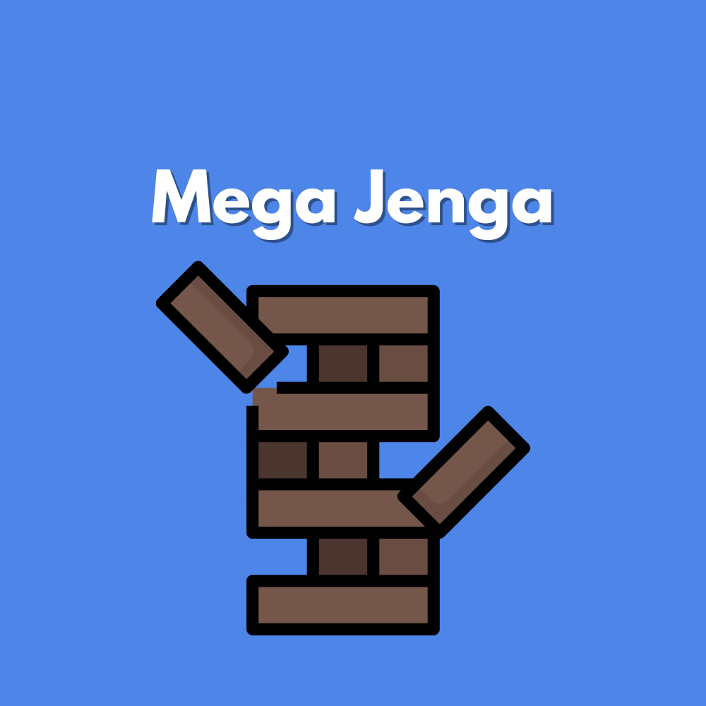 Mega Jenga<br><br>-Stap in de competitie, probeer de toren steeds hoger te bouwen en voorkom dat hij omvalt. Dit reuze spel zorgt voor veel lachen en teamwork.<br><br><br><br>€5,- pp<br>